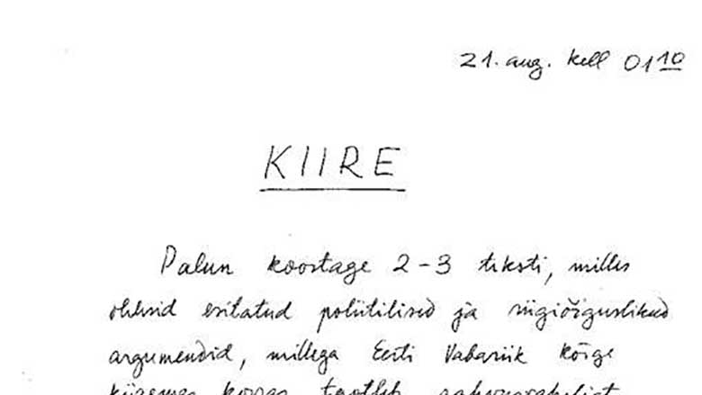 SELLE KIRJA SAATIS välisminister Lennart Meri Soomest 21. augustil 1991 - kaks tundi pärast Eesti taasiseseisvumist.
