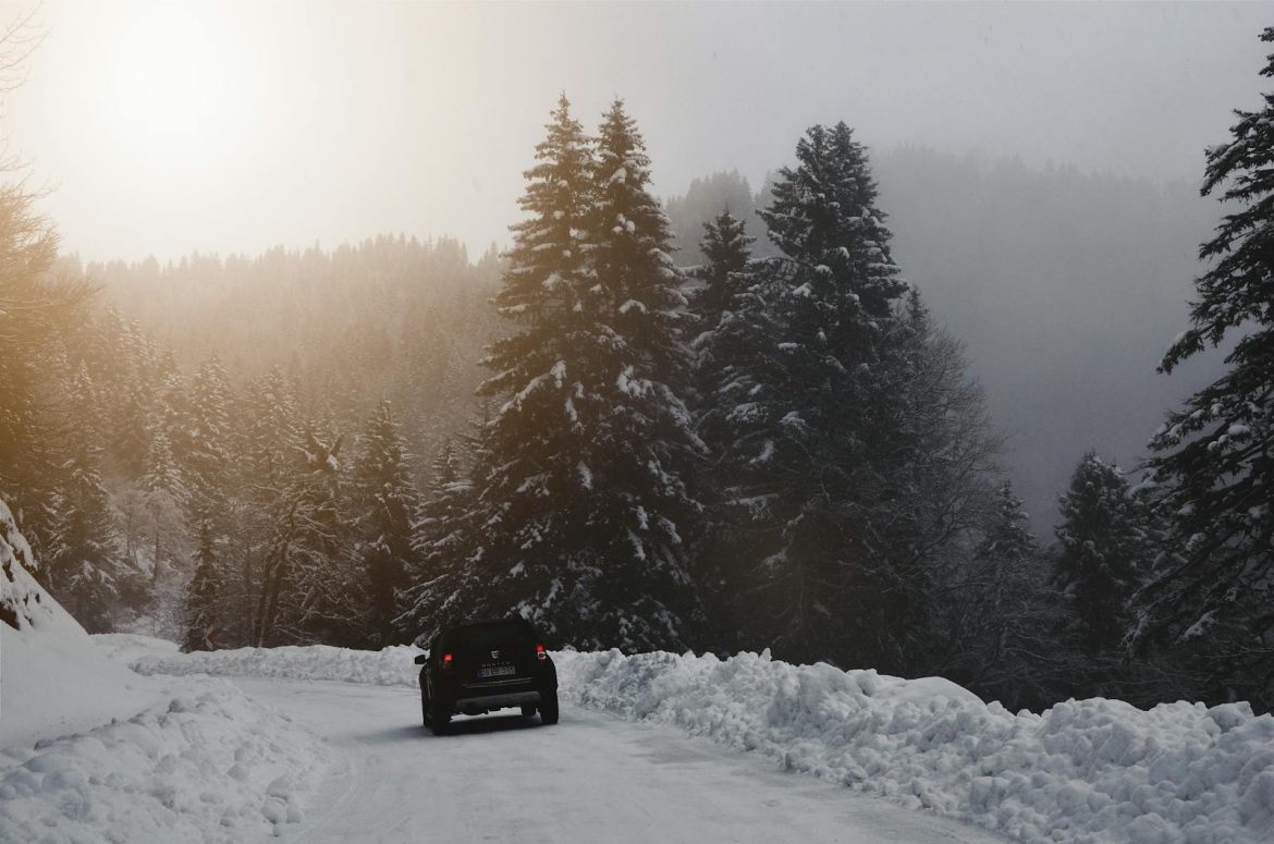 Car driving through a serene winter forest with snow-covered trees and misty atmosphere.