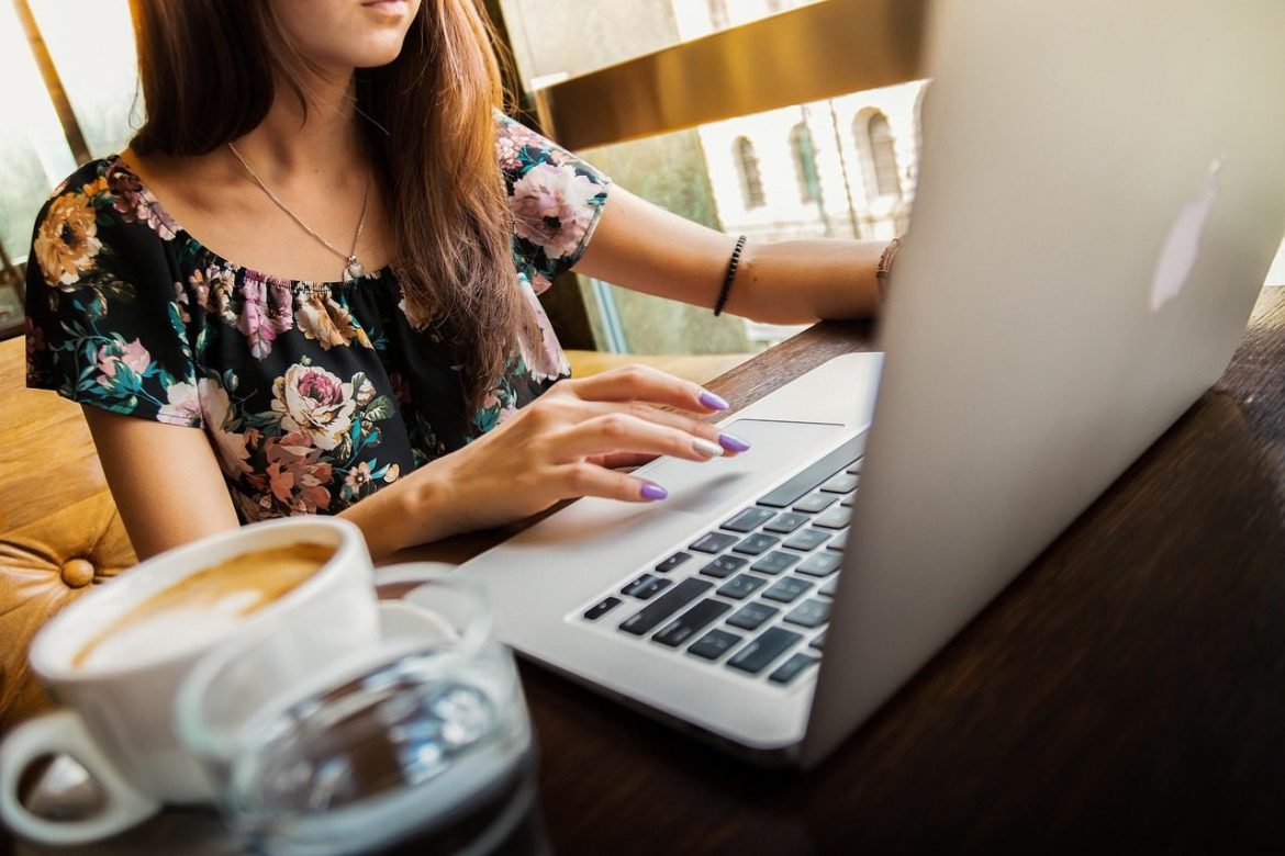 woman, laptop, desk, workspace, macbook, coffee cup, technology, work, working, working woman, coffee, computer, cup, girl, mug