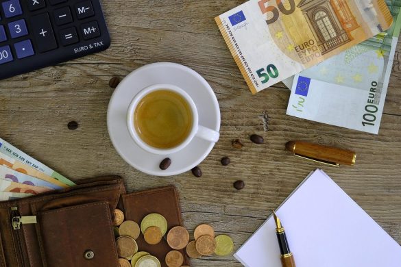 money, banknotes, coins, euro, wallet, computer, calculate, desktop computer, coffee, espresso, coffee beans, pen, ink pen, writing implement, save up, saved, expensive, bank, office, control, commercial, turnover, profit, earn, finance, credit, business, capital, rich, wealth