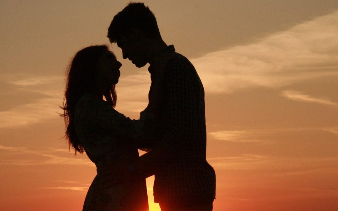 couple, love, sunset, nature, romance, in the evening