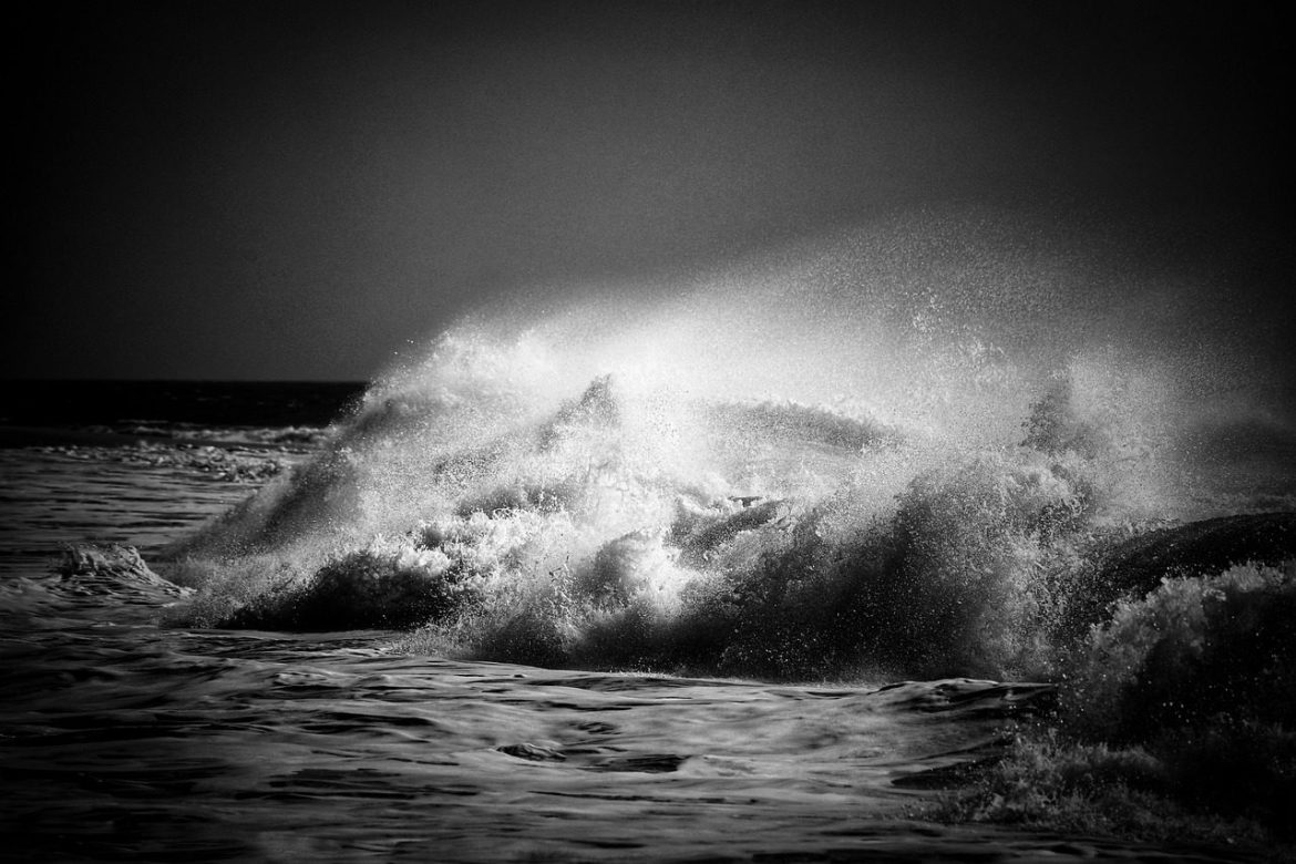 sea, shore, waves, storm, darkness, splash, spume, coast, spray, nature, atlantic ocean, breakwater, spain, monochrome, black and white