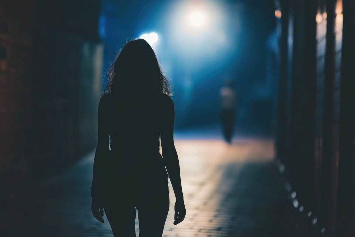 ai generated, woman, alone, walking, night, alley, scared, stalker, lonely, danger, fear, girl, dark, street, vulnerable, city, anxiety, urban, threat, silhouette, tension, creepy, insecure, suspicious
