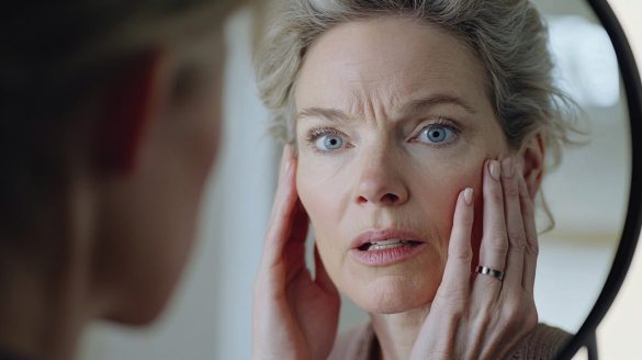 ai generated, woman, face, mirror, shocked, surprise, skin, beauty, reflection, portrait, female, adult, emotion, expression, reaction, skincare, cosmetic, problem, dermatology, aging, worry, anxiety, unhappy, stressed, health