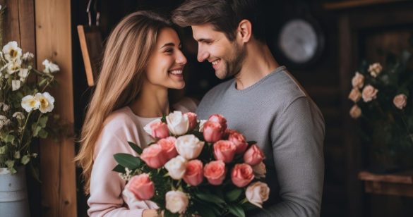 couple, love, flowers, gift, roses, bouquet, romance, wedding, nature, happiness, family, romantic, valentines, beauty, present, portrait