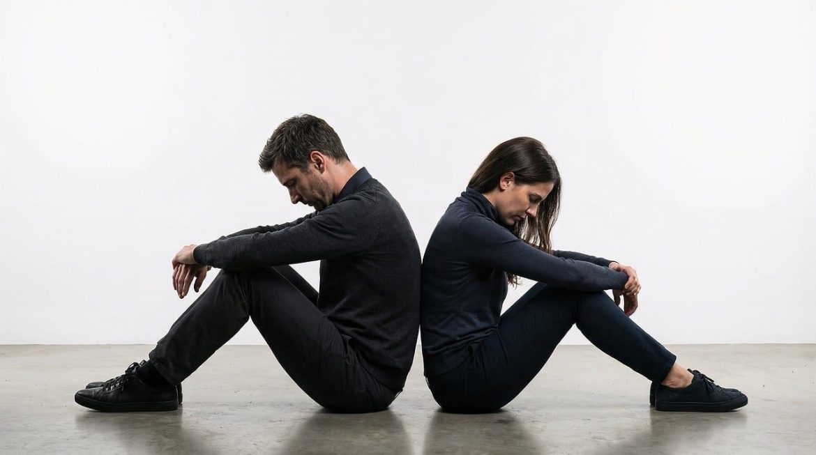 silhouette, back-to-back, despondent, depressed, lawyer, divorce, struggle, legal, downcast, cool light, contrast, separation, relationship issues, problem, difficult, burden, conflict, emotion, reflection, solitude, ai generated