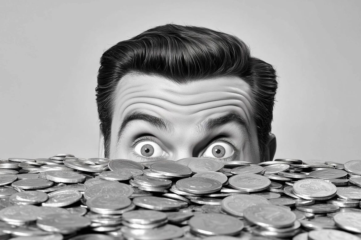 ai generated, man, coins, money, surprised, eyes, wealth, greed, black-and-white, fortune, rich, expression, eyebrows, hair, pile, finance, savings, excitement, shock, economics