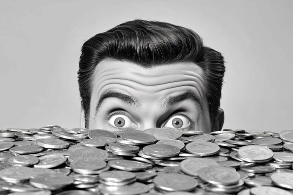 ai generated, man, coins, money, surprised, eyes, wealth, greed, black-and-white, fortune, rich, expression, eyebrows, hair, pile, finance, savings, excitement, shock, economics