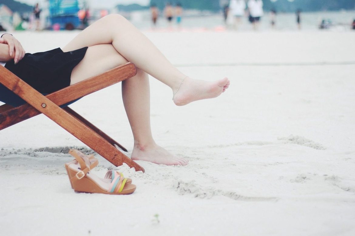 woman, beach, beach chair, feet, female, nature, barefoot, girl, lady, legs, leisure, outdoors, recreation, relaxation, resort, resting, sand, sandals, sitting, wooden chair, sandy beach, shore, seashore