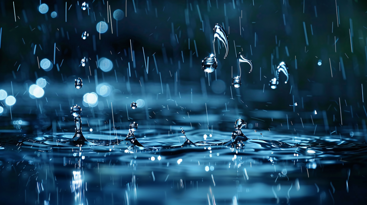 water, droplets, rain, blue, music, notes, splash, symphony, macro, reflection, shimmer, bokeh, light, liquid, harmony, rhythm, surface, nature, melody, dynamic, wet, artistic, abstract, aqua, bright, tempo, ai generated