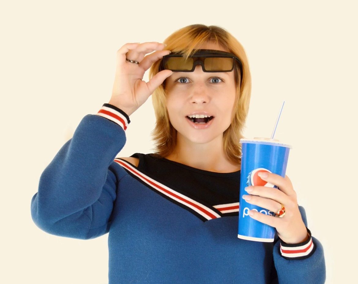 woman, drink, glasses, 3d glasses, 3d, movie, cinema, surprise